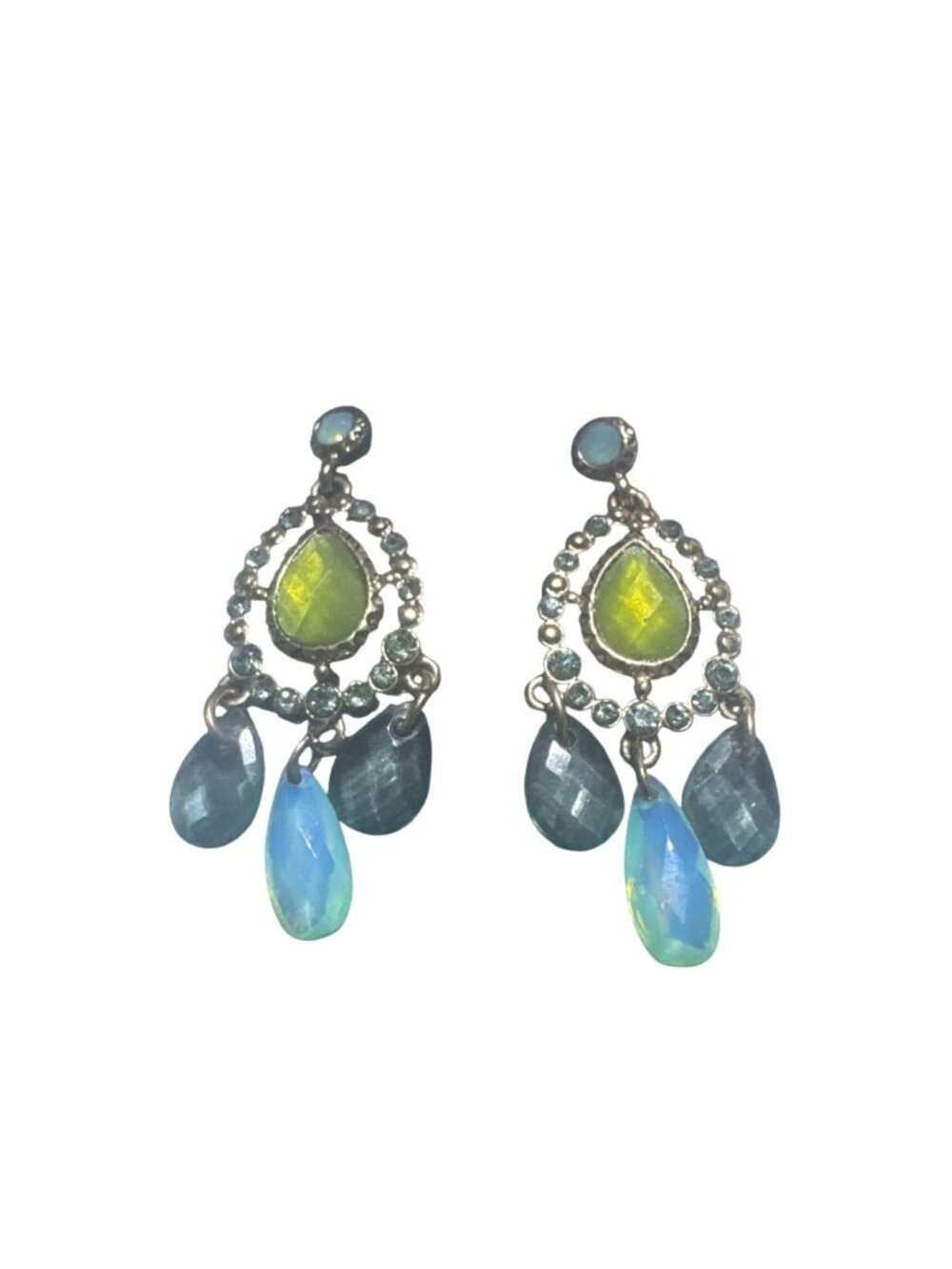 Crystal Drop Dangle Earrings Gold-Plated Teardrop Green & Blue Gem Accent Stones